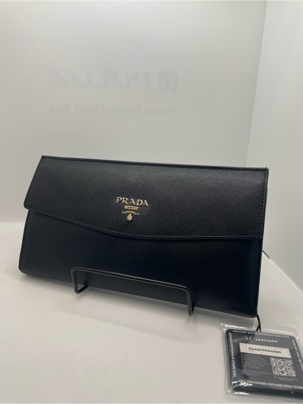Prada Black Saffiano Leather Envelope Clutch with Gold Logo